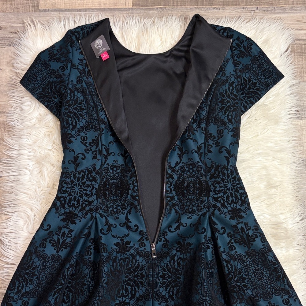 Vince Camuto fit and flare mini dress brocade raised velvet damask print lined 6 - Picture 5 of 12